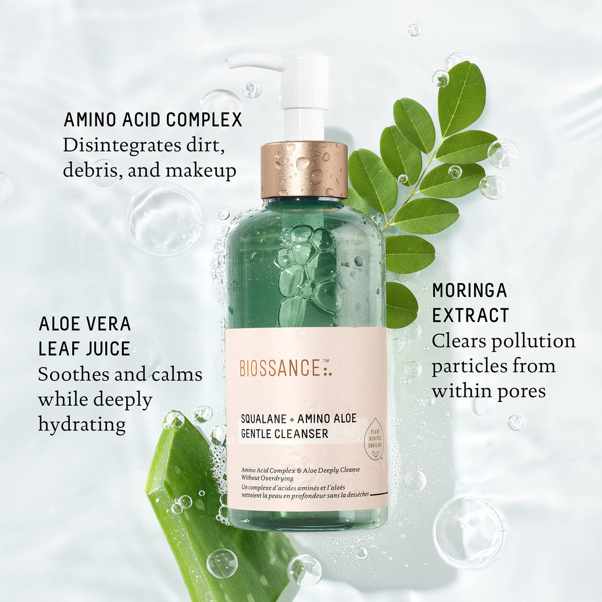 BIOSSANCE texture foam closeup showing gentle lather and hydration