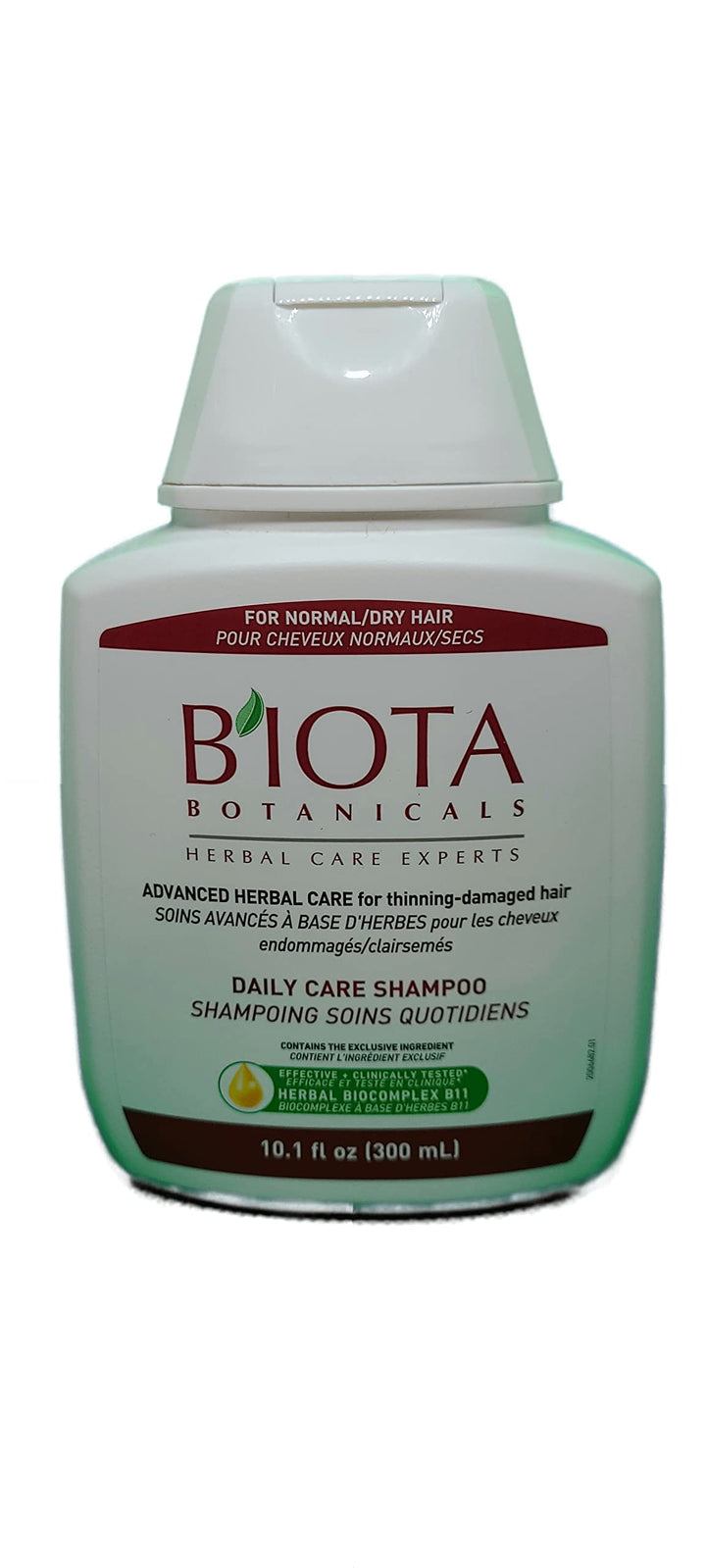 Biota front packaging of Daily Care Shampoo showing label and size, communicates clinical herbal care