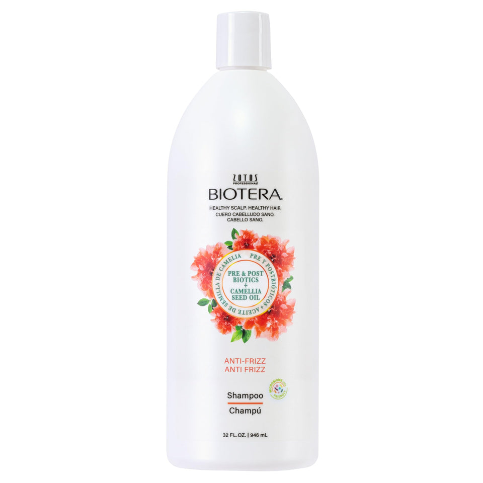 Biotera front bottle 32 oz showing product and benefit of long-lasting frizz control