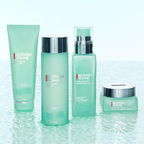 Biotherm Aquapower on bathroom shelf in lifestyle setting, suggests daily routine use and freshness