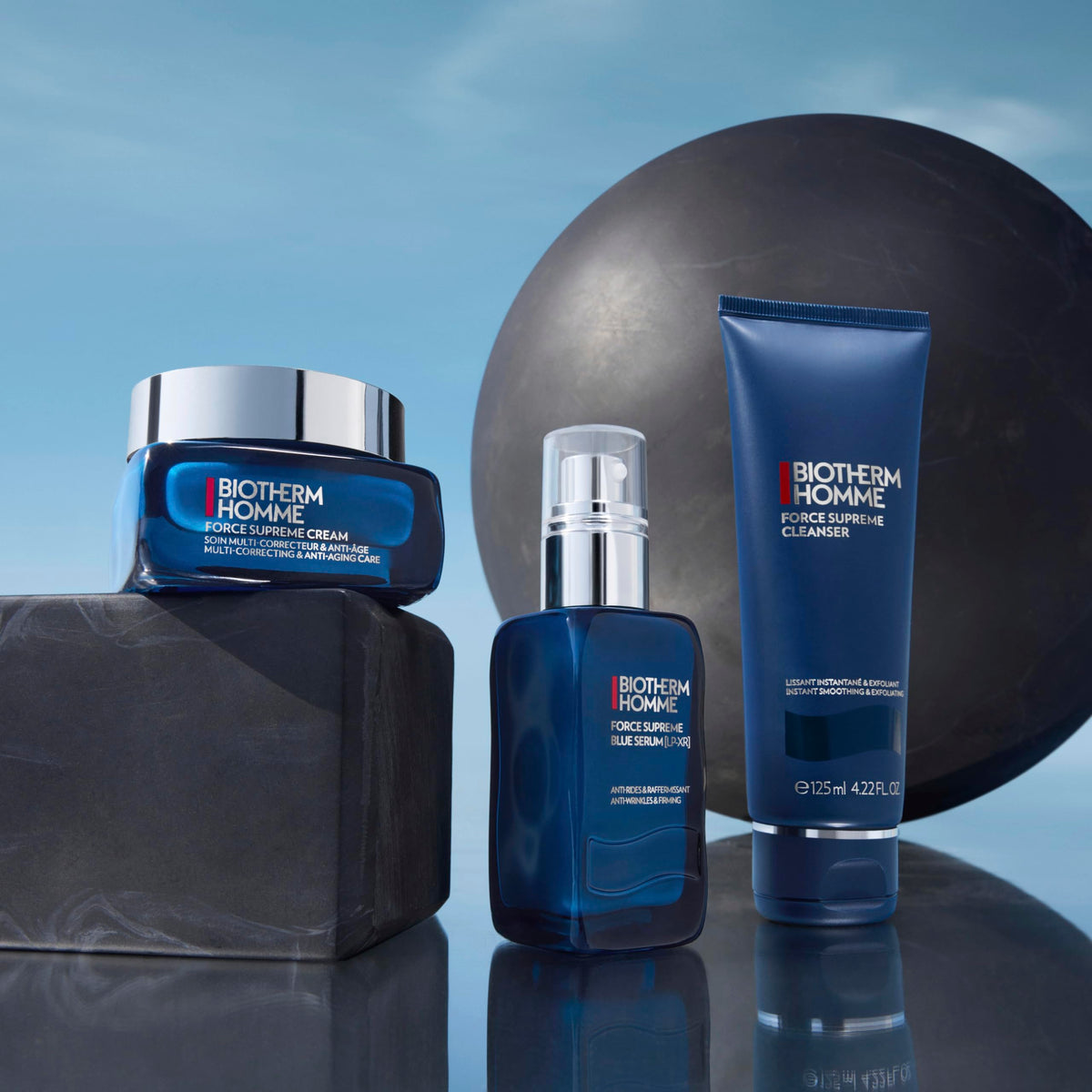 Biotherm lifestyle bathroom setting conveying daily grooming routine
