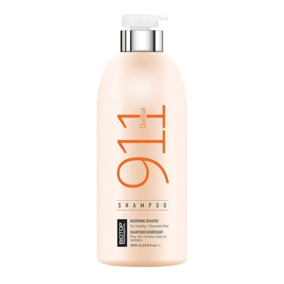 Biotop Professional front bottle showing 911 Quinoa Shampoo, highlights repair benefits