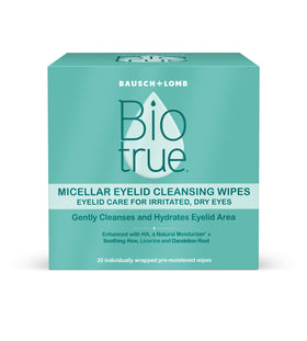 Biotrue front packaging showing 30-count wipes and benefits