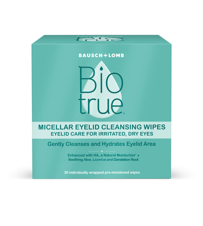 Biotrue front packaging showing 30-count wipes and benefits