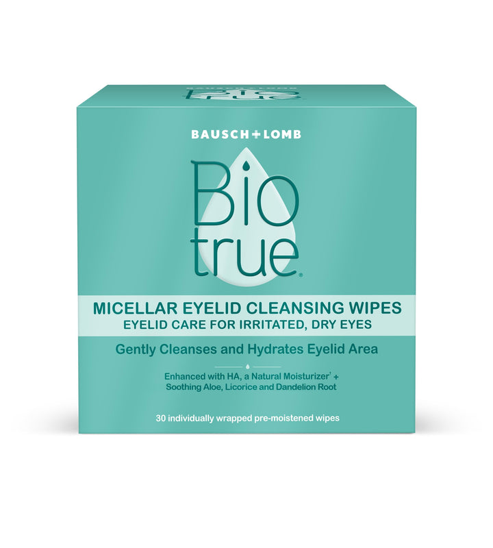 Biotrue front packaging showing 30-count wipes and benefits