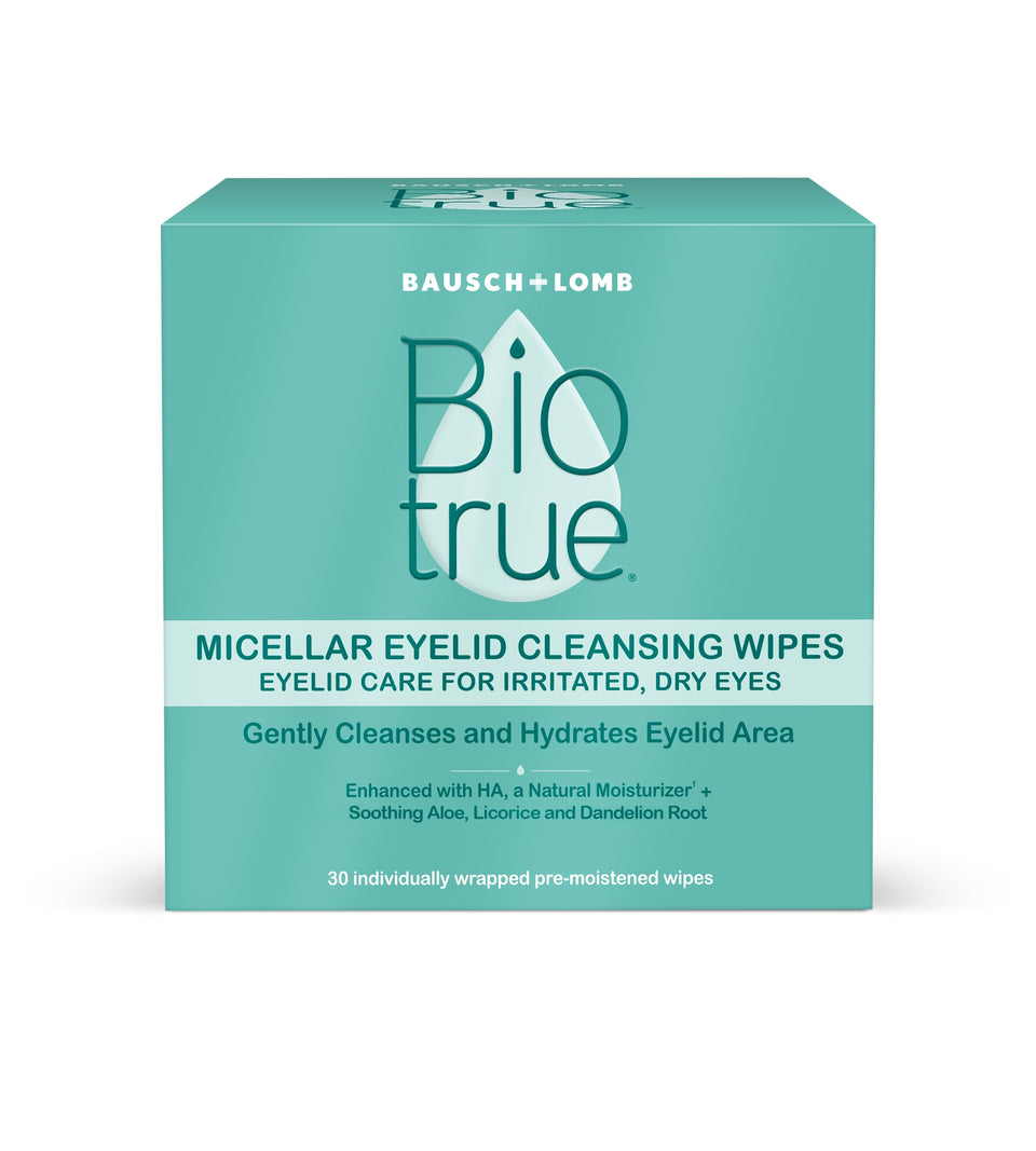 Biotrue front packaging showing 30-count wipes and benefits