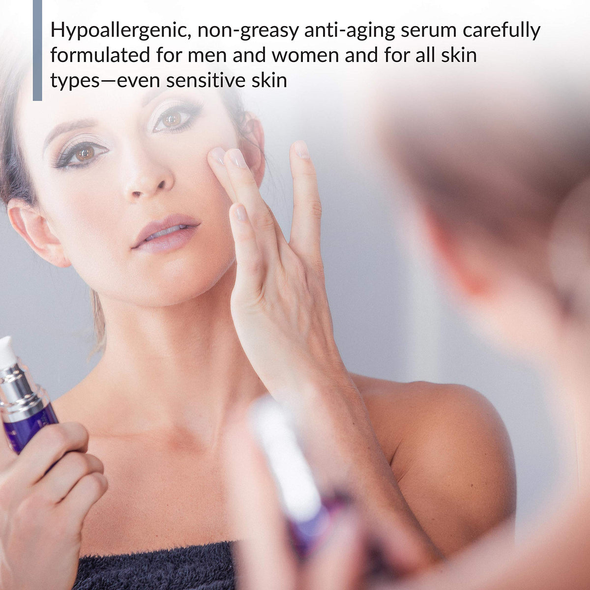 Close-up of serum texture on skin showing lightweight finish and instant hydration
