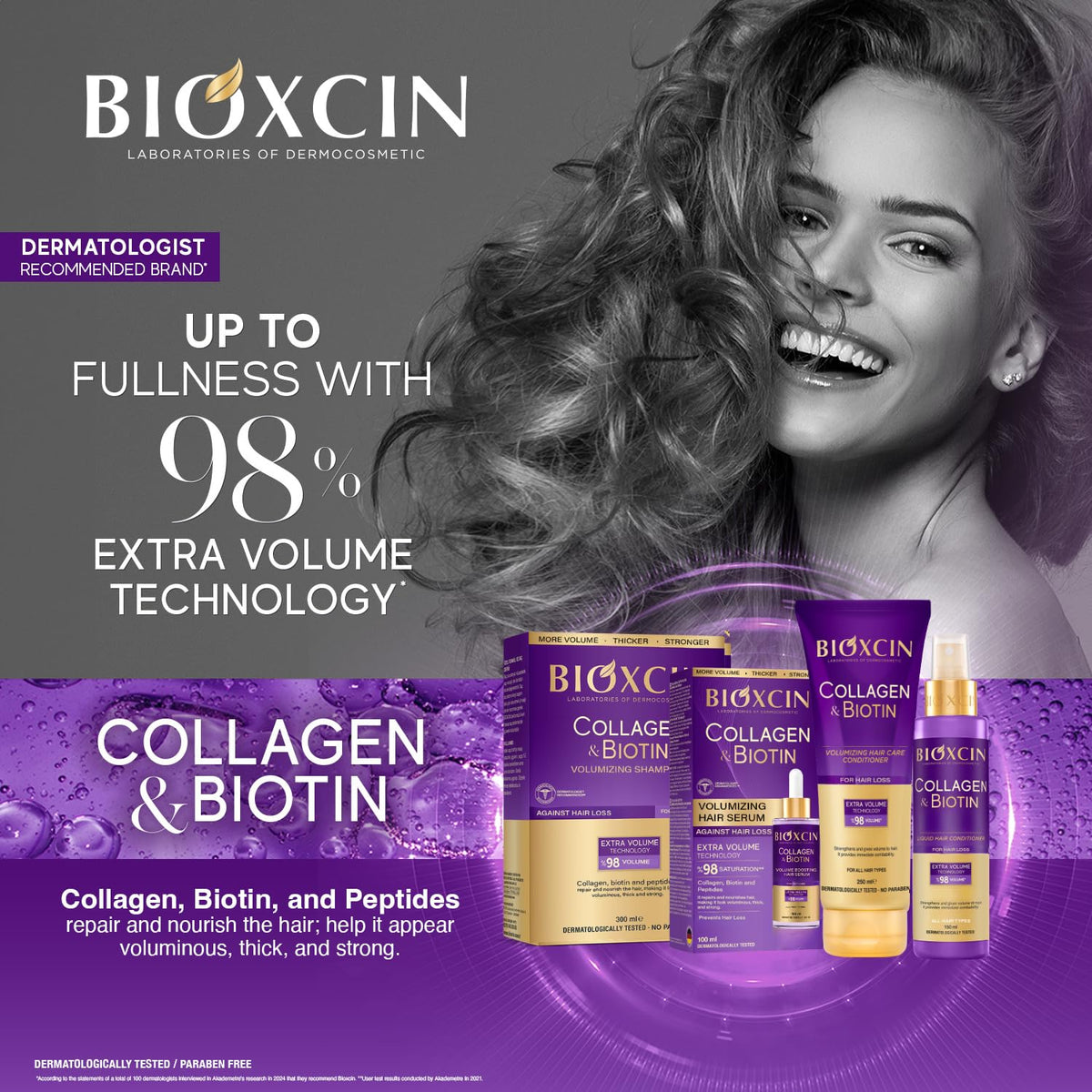 BIOXCIN close-up of bottle label highlighting collagen and biotin for visible volume