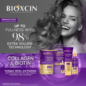 BIOXCIN close-up of bottle label highlighting collagen and biotin for visible volume