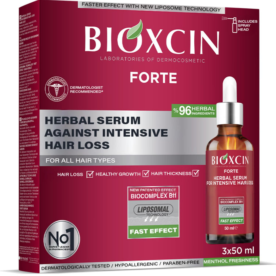 BIOXCIN front packaging showing three 50ml bottles and branding benefits