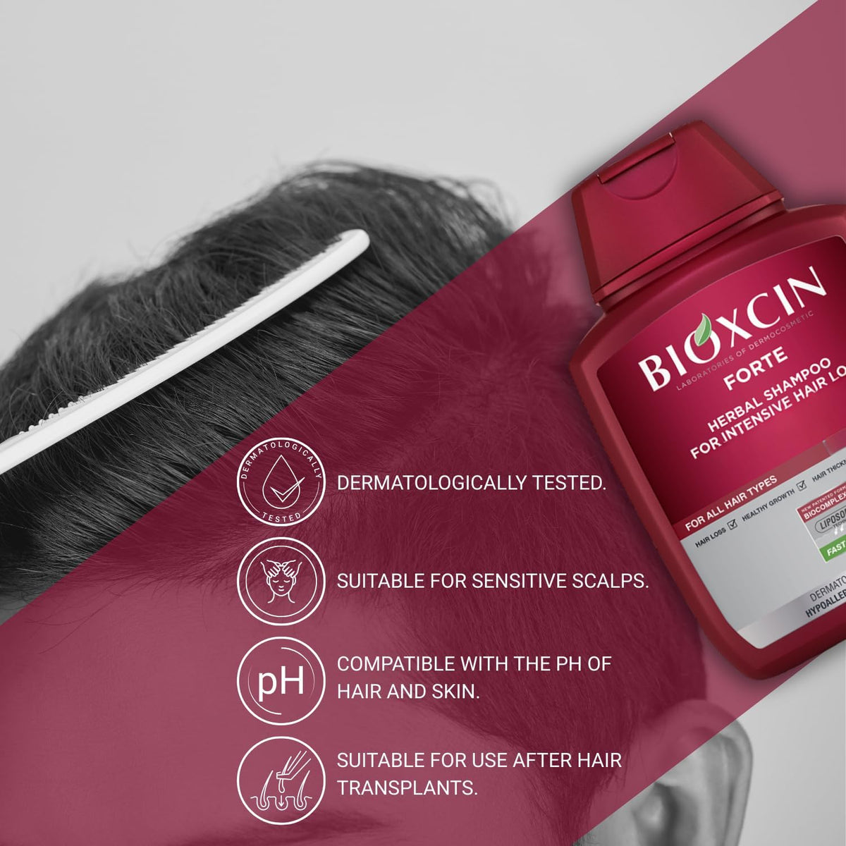 BIOXCIN shampoo pump close-up highlighting gentle dispensing benefit
