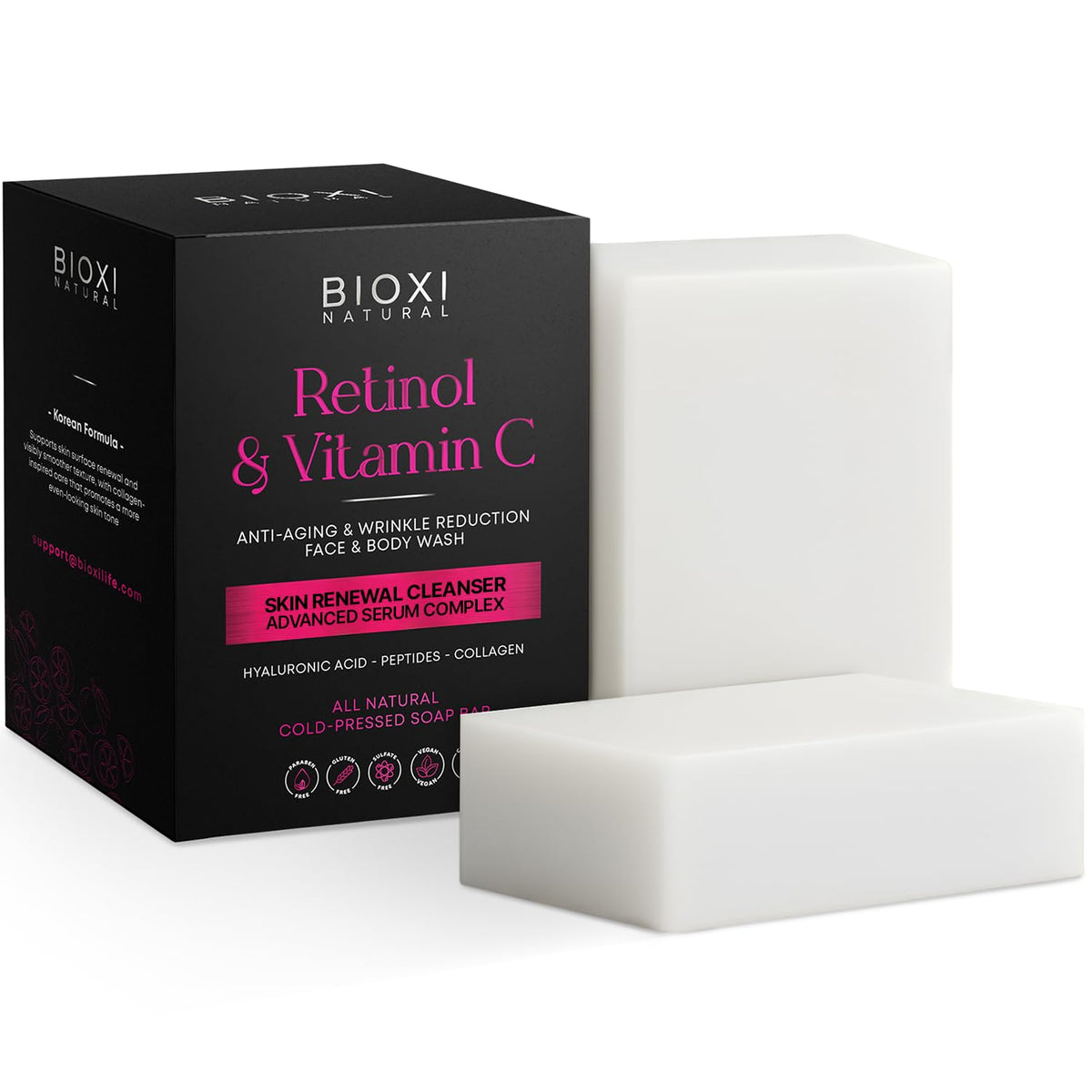 BIOXI soap bar front packaging showing product name and benefits