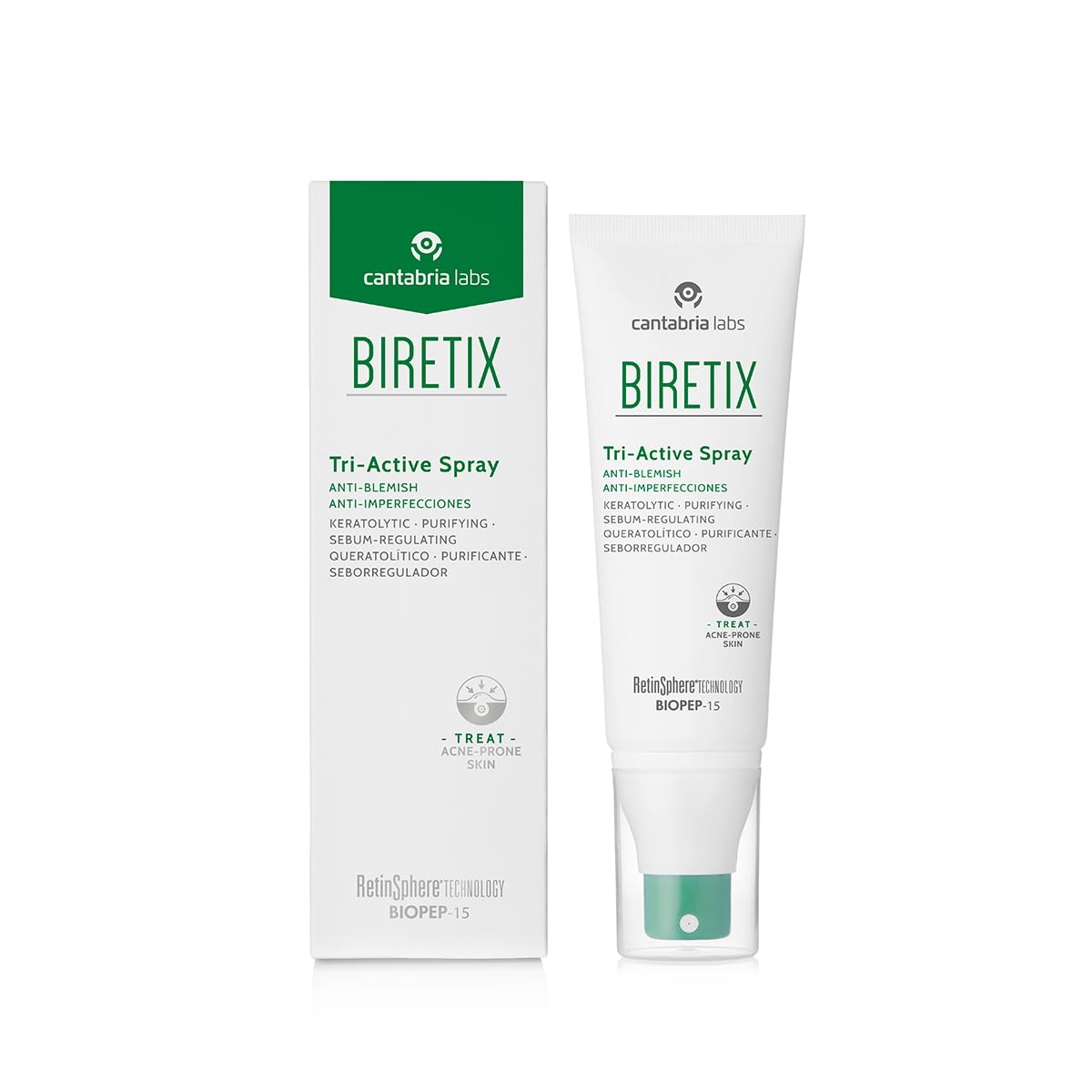 Biretix Tri-Active Spray front packaging showing label and benefits