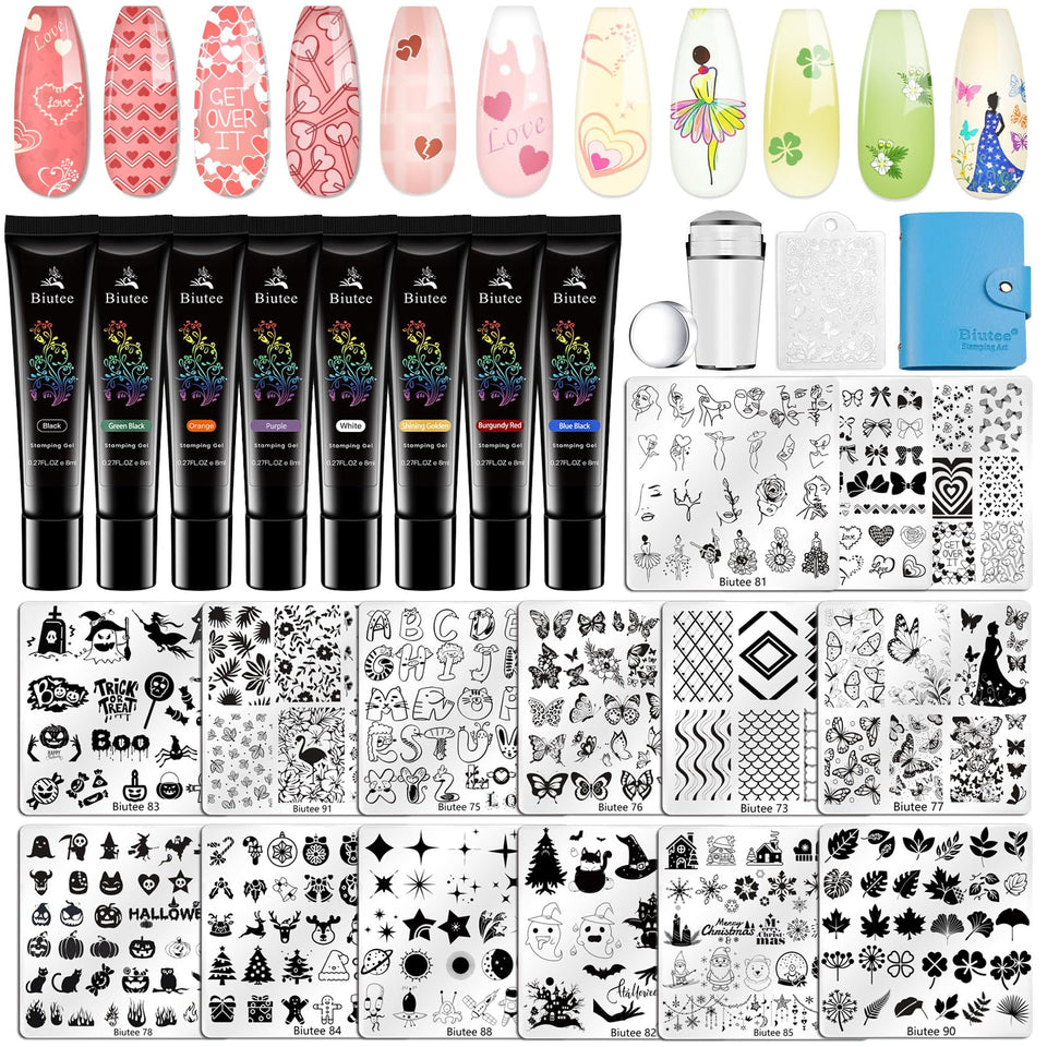 Biutee front packaging showing full 15-piece nail stamping kit and organization benefits