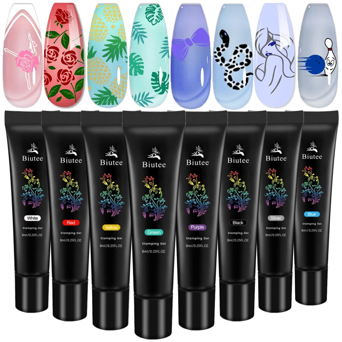 Biutee front packaging showing all eight stamping gel jars, clear organized gift box benefit