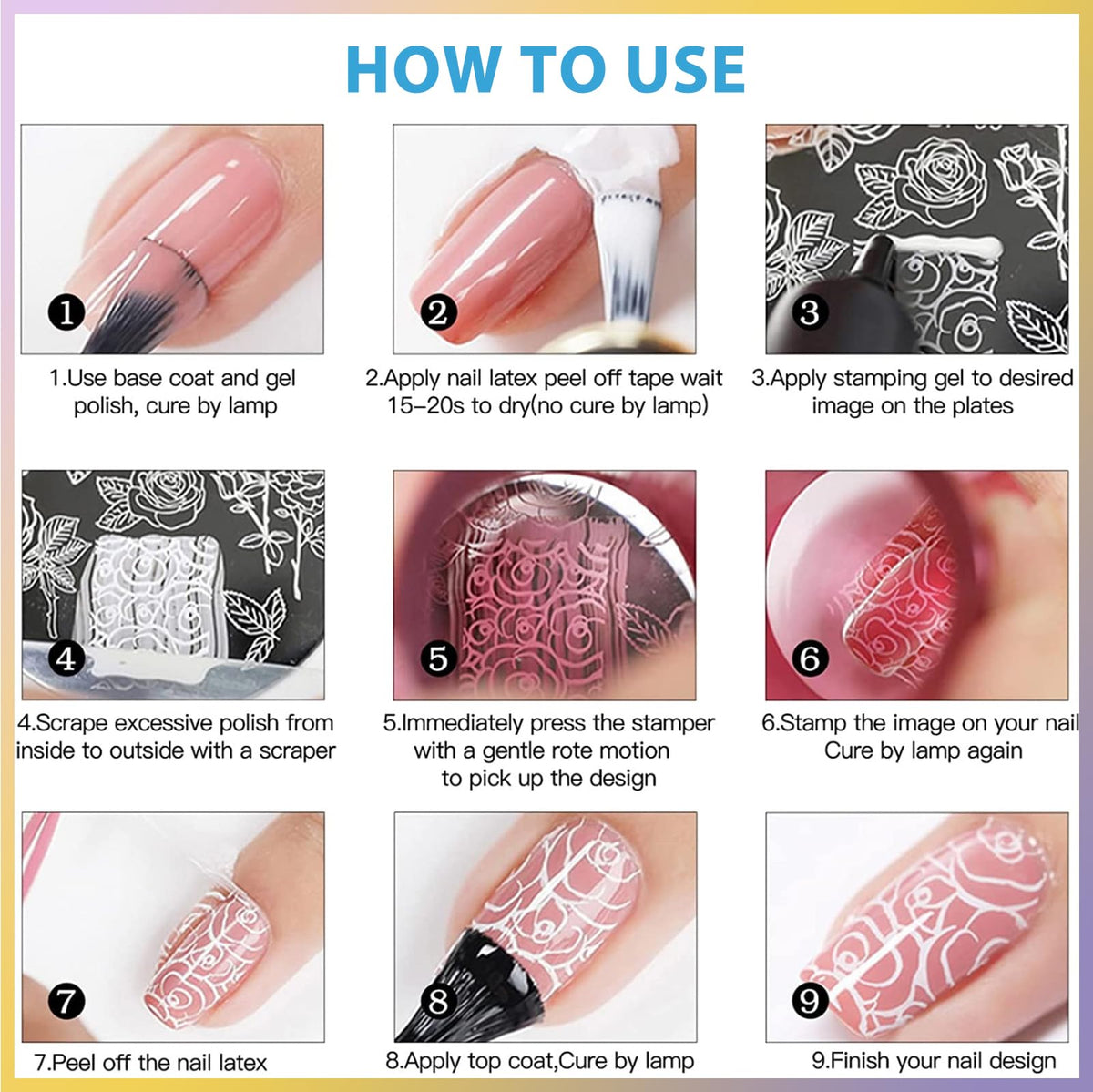 Biutee lifestyle image of finished manicured nails with stamped floral and star designs