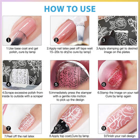 Biutee lifestyle image of finished manicured nails with stamped floral and star designs