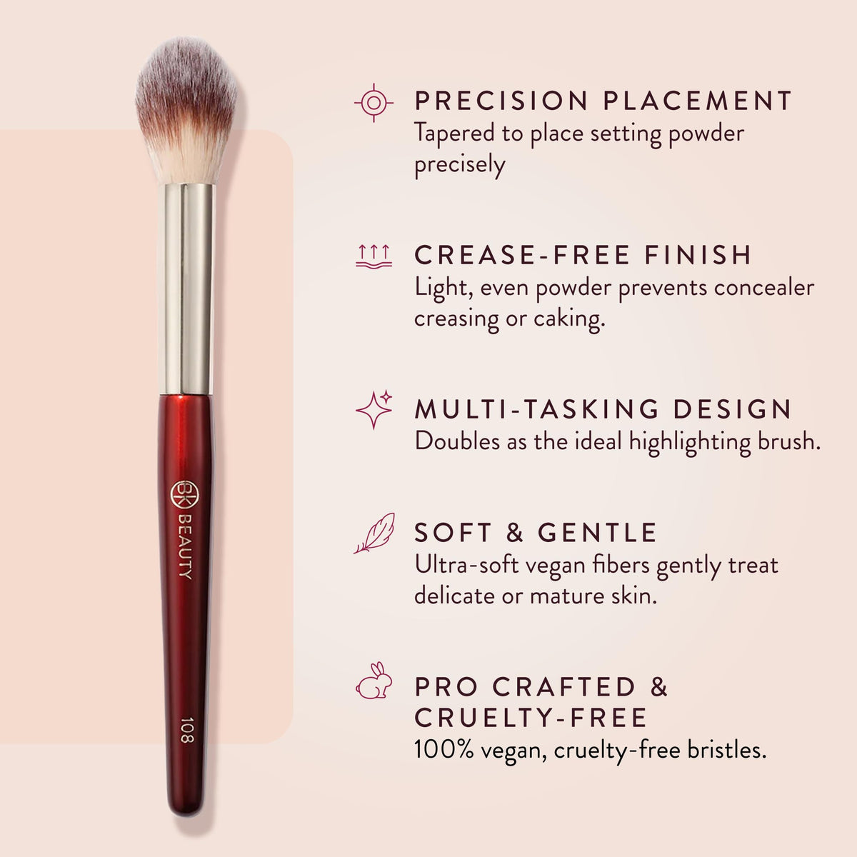 BK BEAUTY 108 bristle close-up revealing soft vegan fibers for gentle blending