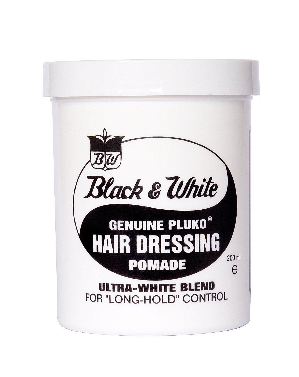 Black & White jar front view showing label and durable packaging for reliable styling
