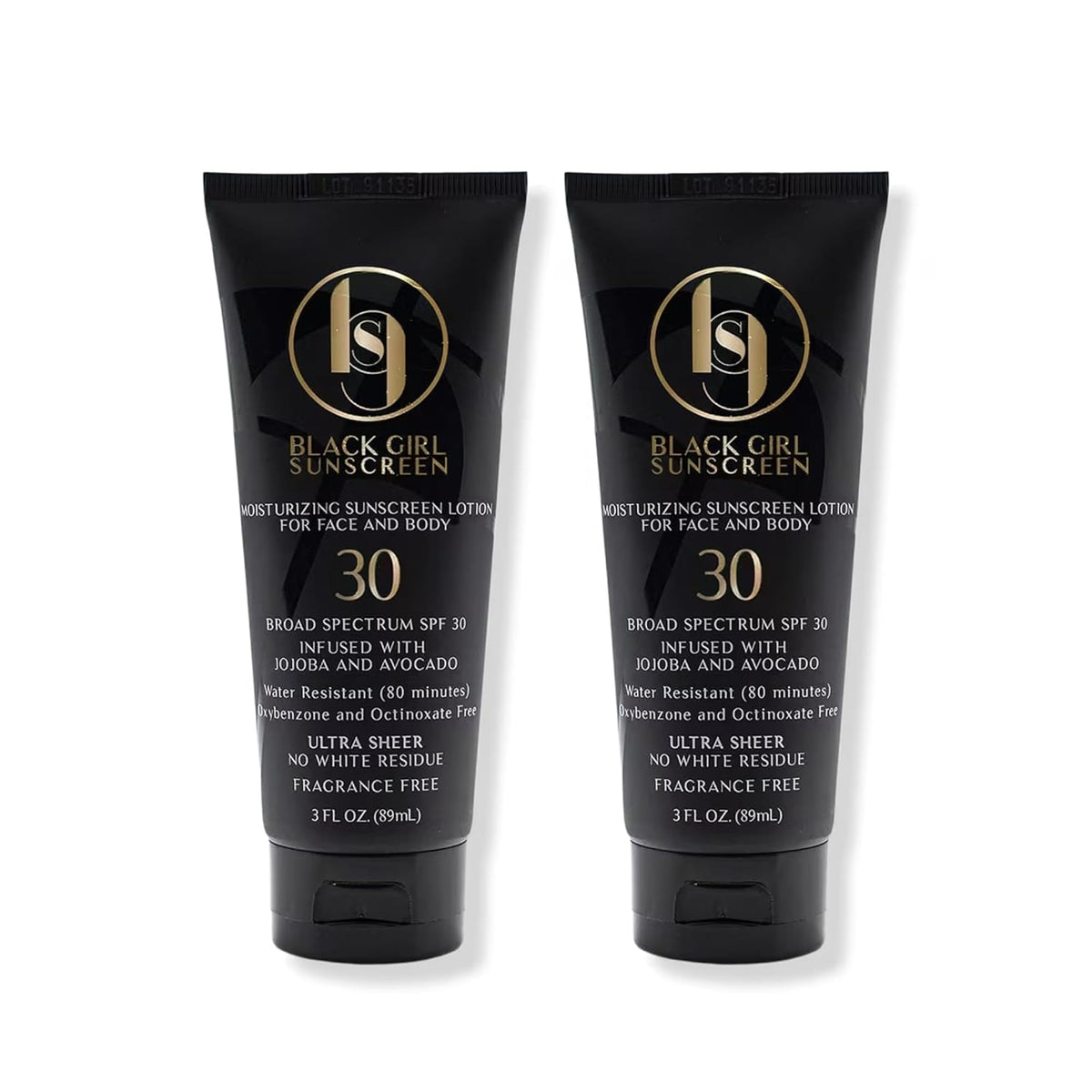 Black Girl Sunscreen front packaging showing two travel bottles and SPF benefit
