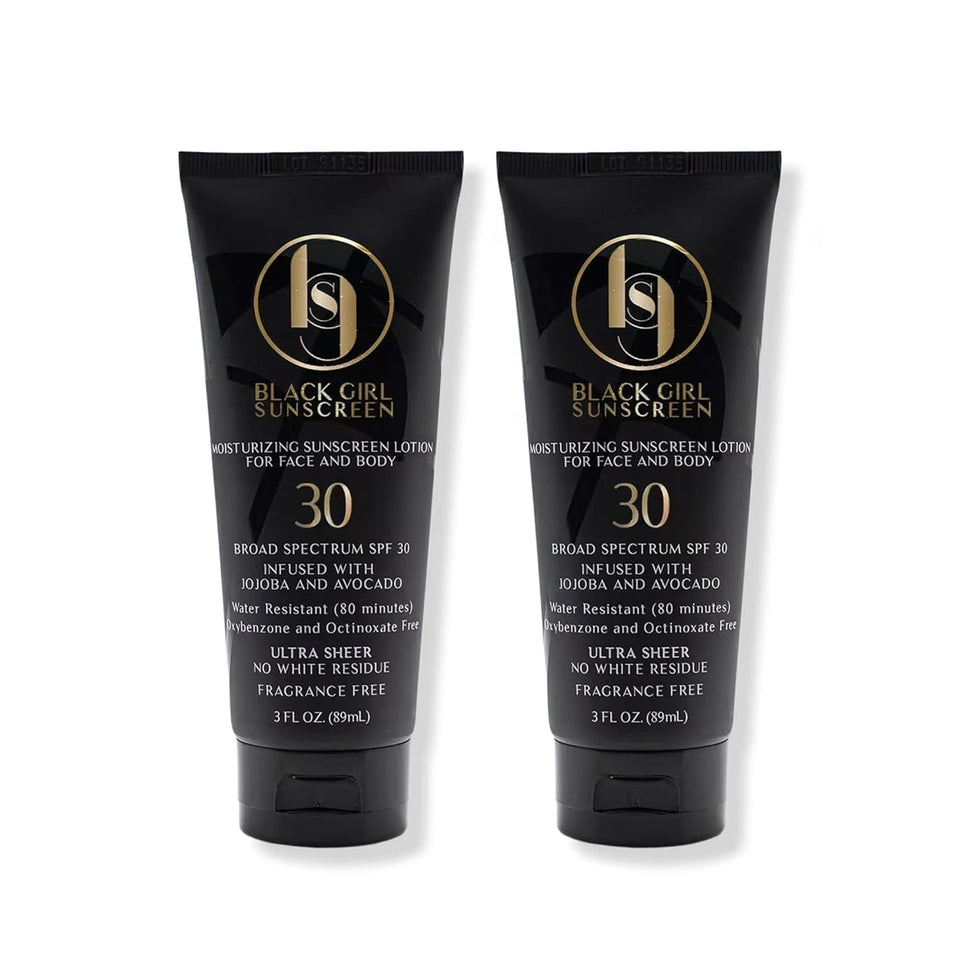 Black Girl Sunscreen front packaging showing two travel bottles and SPF benefit