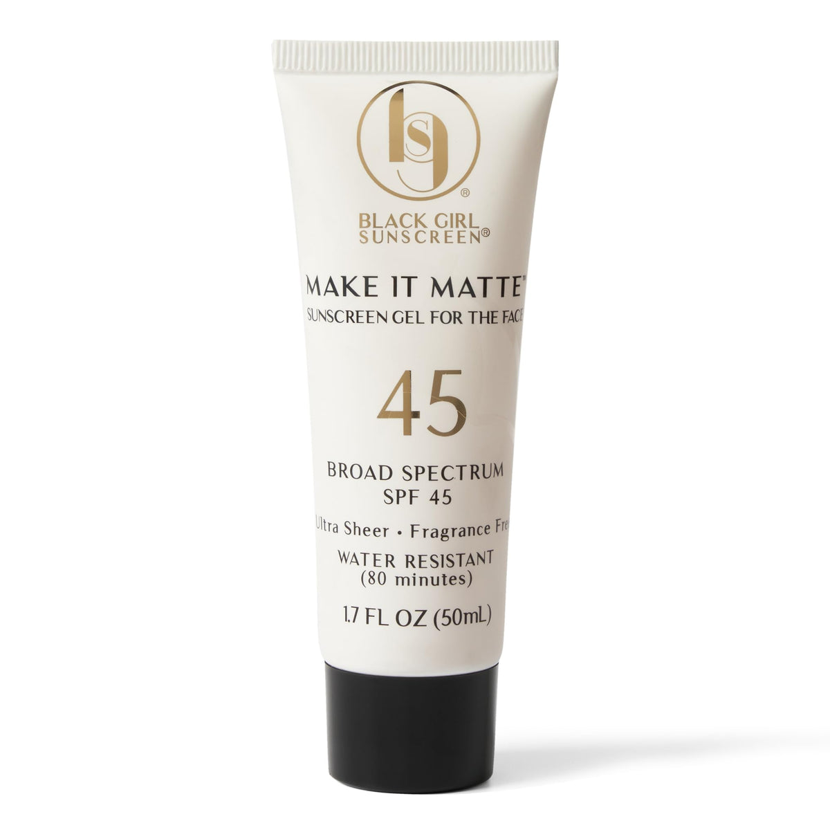 Black Girl Sunscreen front packaging showing clear matte gel and SPF 45 protection