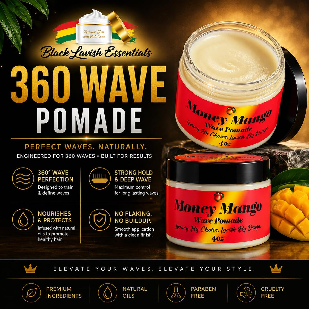 Black Lavish Essentials open jar displaying smooth pomade texture and scoopable formula
