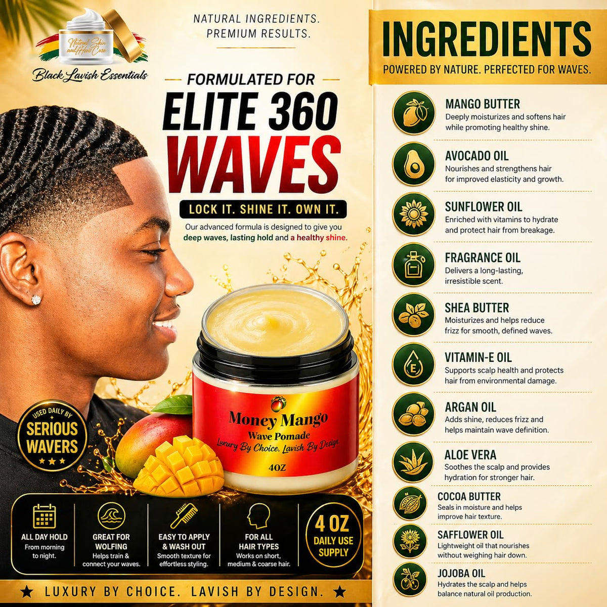 Black Lavish Essentials side label close-up showing ingredient list and usage tips