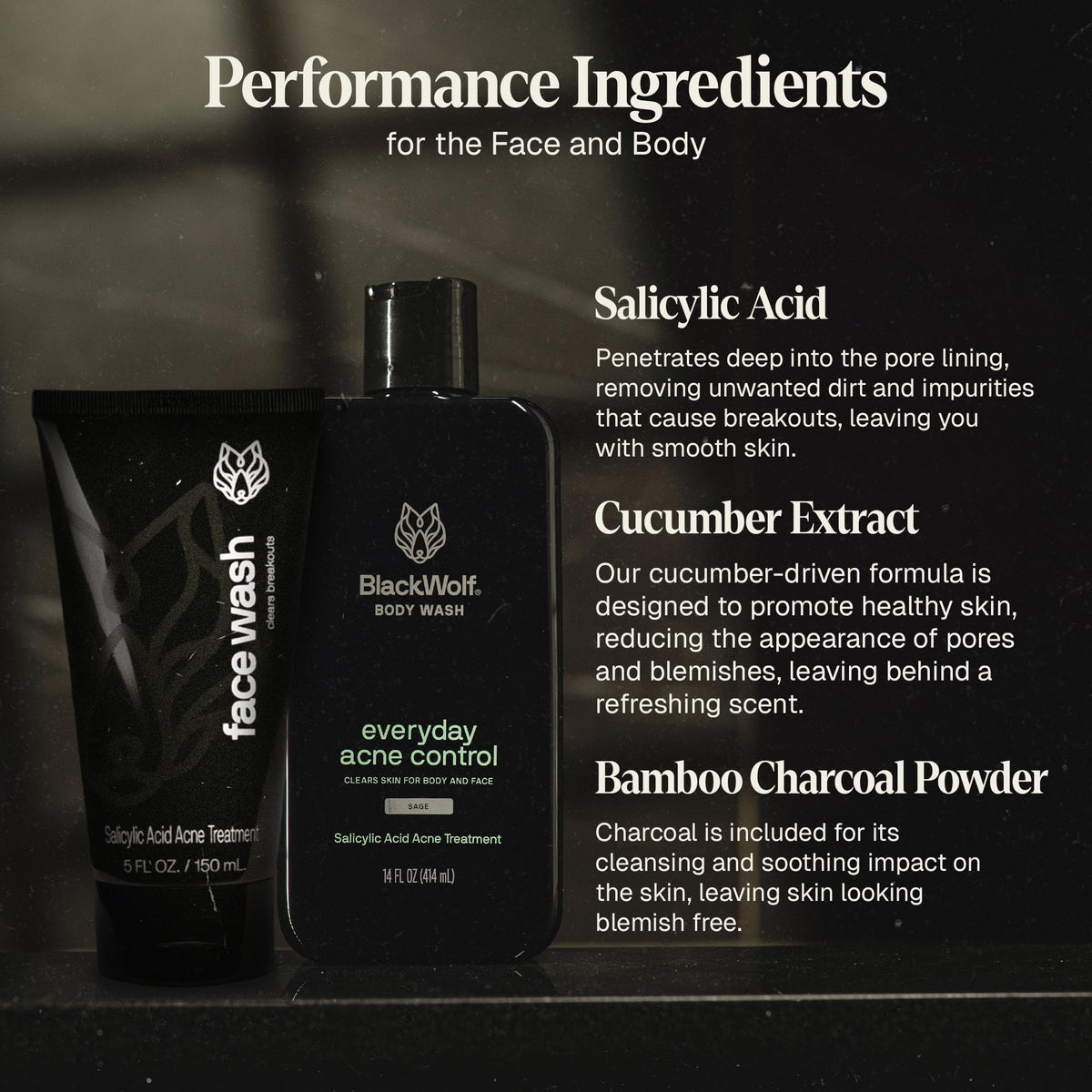 Black Wolf body wash in shower foaming for full-body breakout control benefit