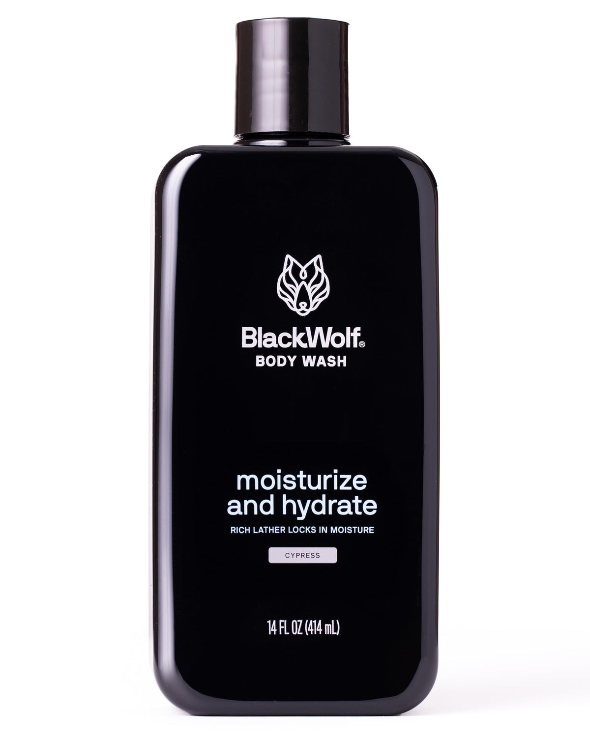 Black Wolf front packaging showing sandalwood bottle and clean design for confident grooming
