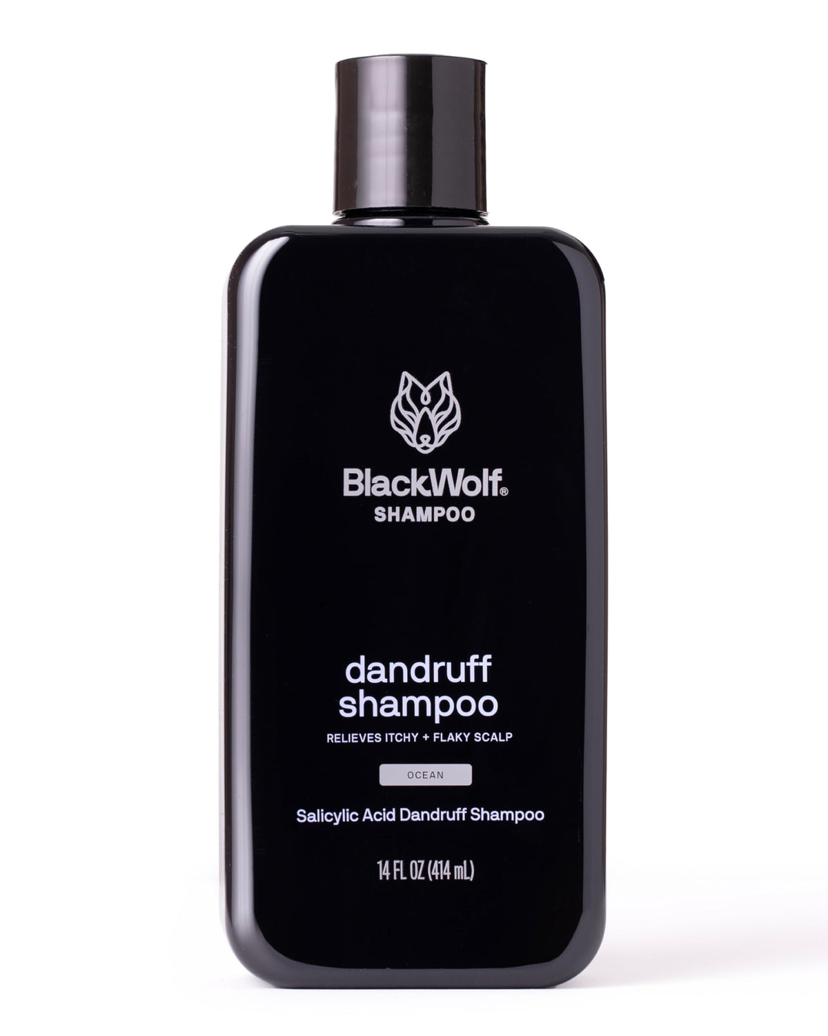 Black Wolf front packaging showing 14 oz bottle and benefit of flake control