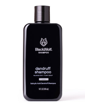 Black Wolf front packaging showing 14 oz bottle and benefit of flake control