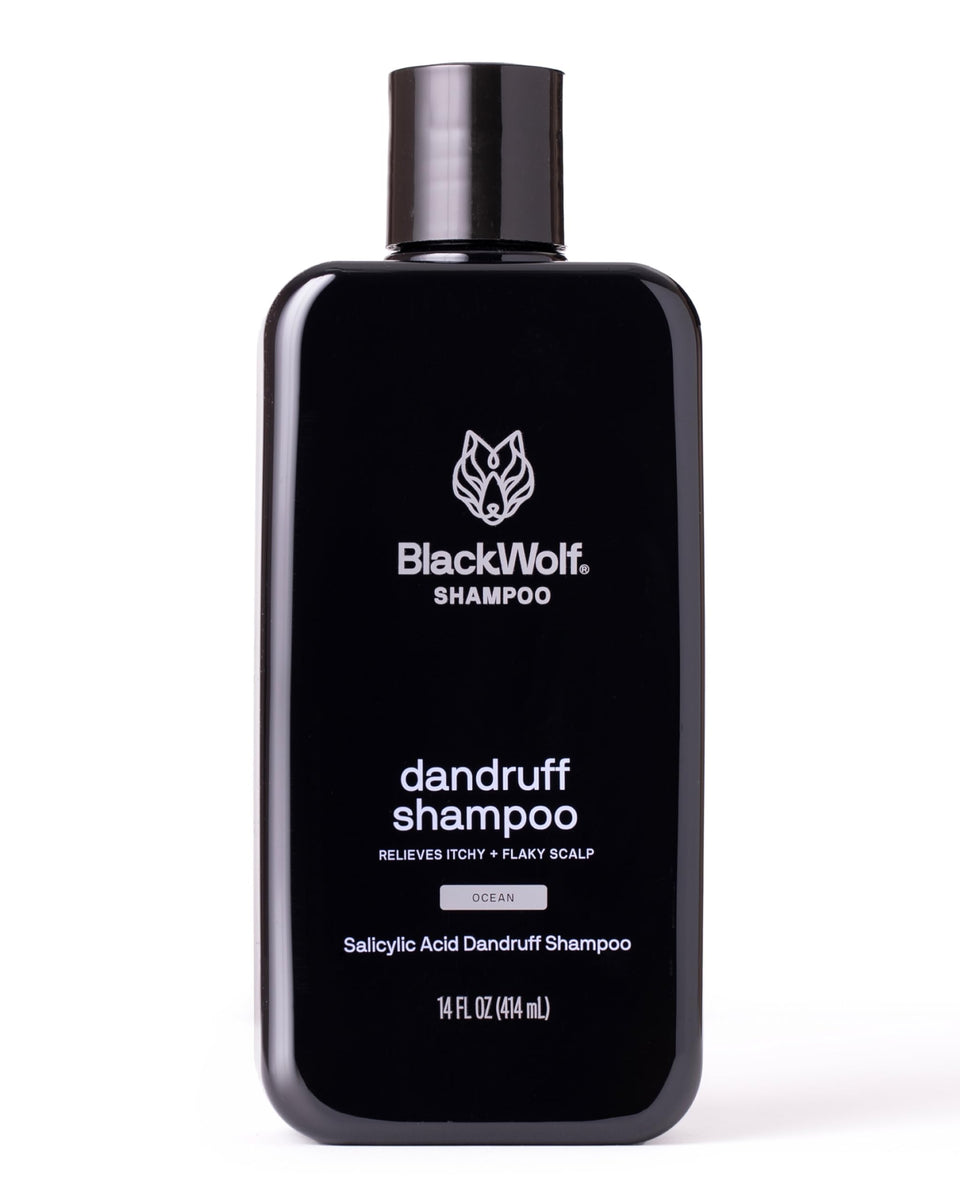 Black Wolf front packaging showing 14 oz bottle and benefit of flake control