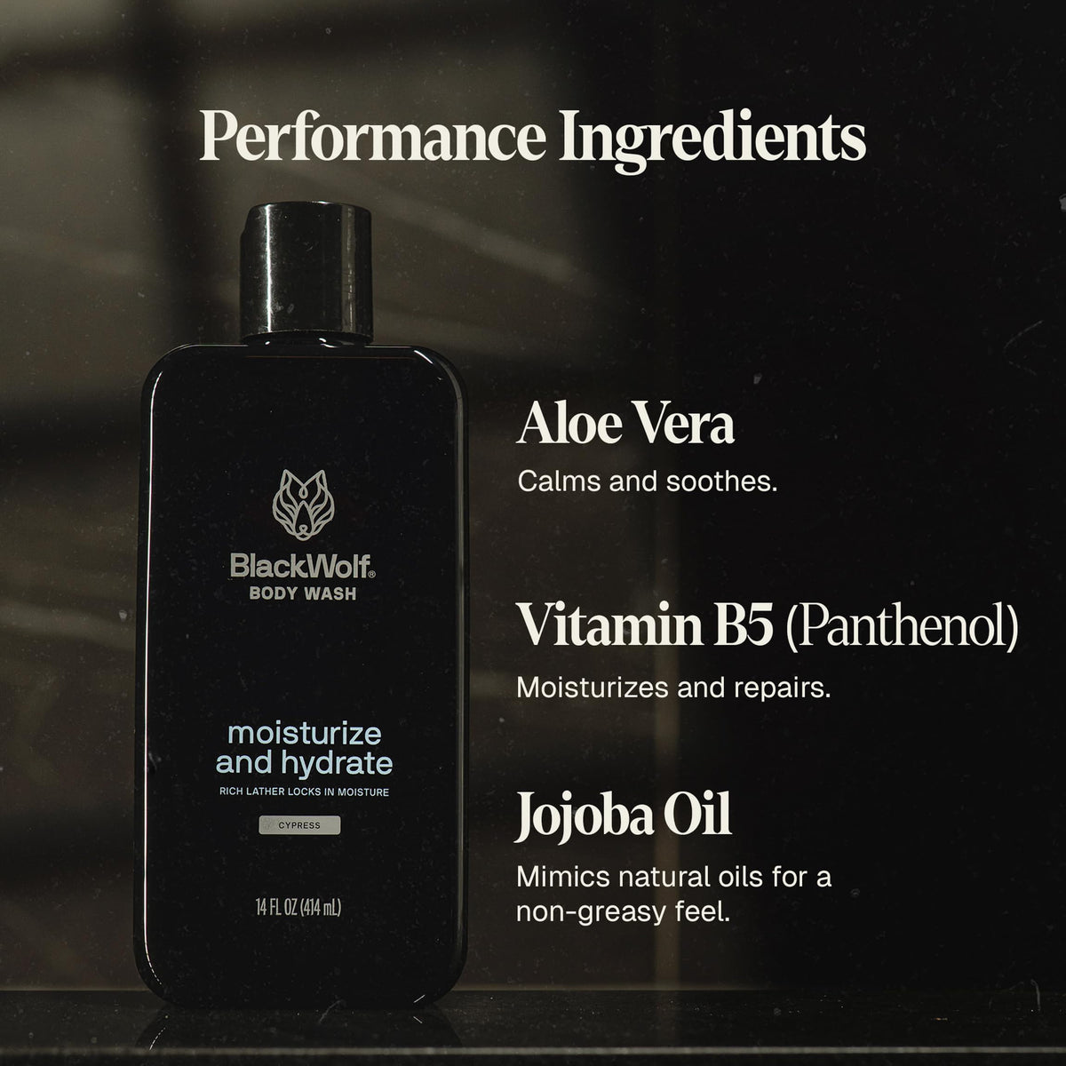 Black Wolf next to jars of hyaluronic acid aloe and jojoba to highlight nourishing ingredients