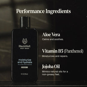 Black Wolf next to jars of hyaluronic acid aloe and jojoba to highlight nourishing ingredients