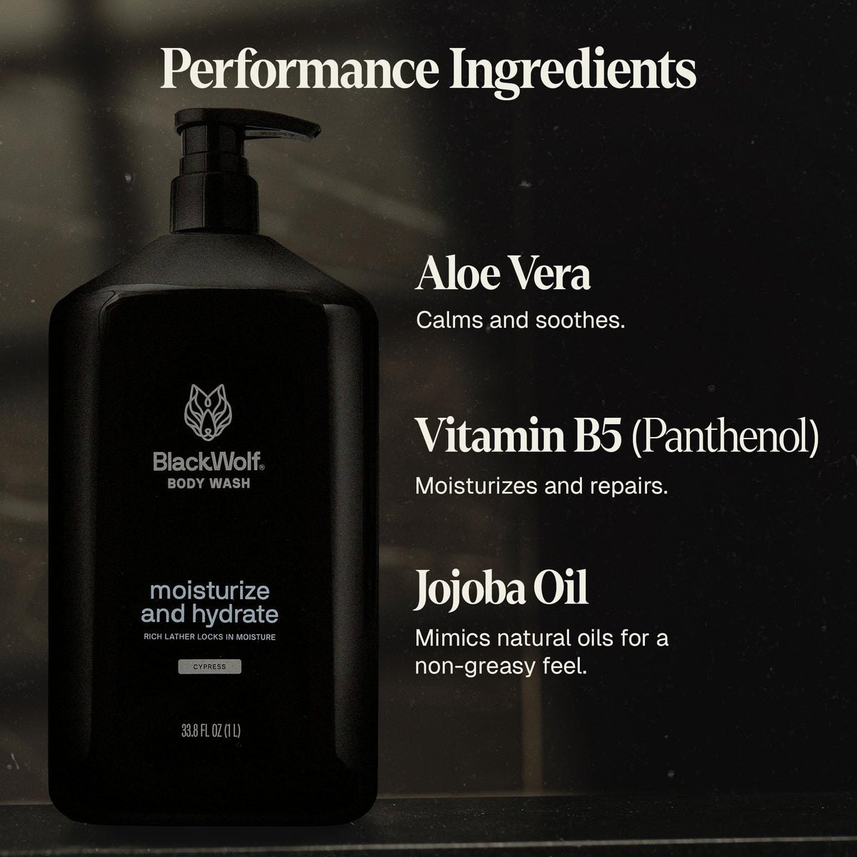 Black Wolf with jojoba oil and aloe vera highlighting soothing ingredients