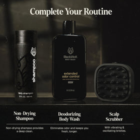 Black Wolf lifestyle bathroom setup showing product use and grooming convenience