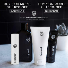 Black Wolf bottle on bathroom counter in lifestyle scene suggesting daily grooming routine