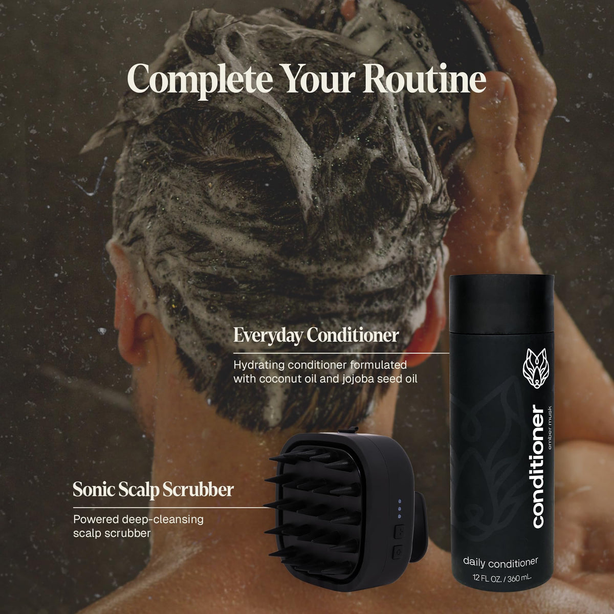 Black Wolf bottle on bathroom shelf in lifestyle scene showing daily grooming confidence