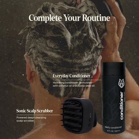 Black Wolf bottle on bathroom shelf in lifestyle scene showing daily grooming confidence
