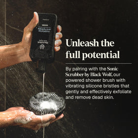 Black Wolf bottle in a hand to show 10 fl oz scale and travel-friendly grooming size