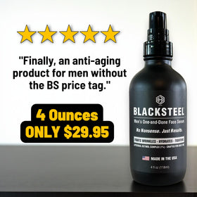 BLACKSTEEL 4 oz bottle in hand to show actual size and easy everyday use