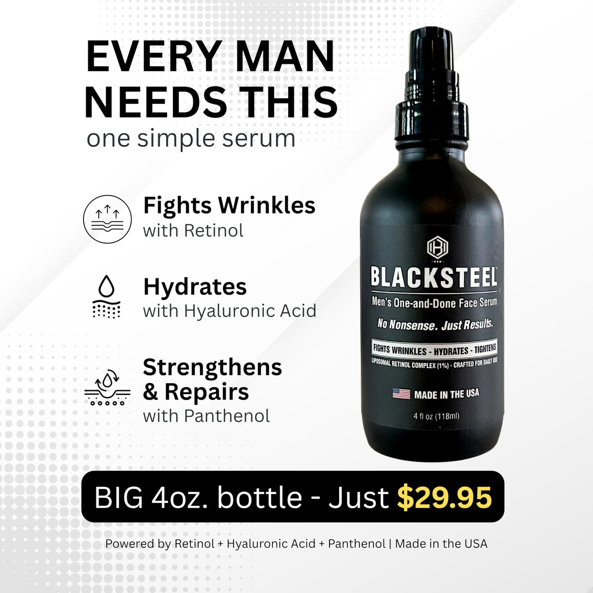 BLACKSTEEL in bathroom routine scene showing streamlined one-step skincare for men