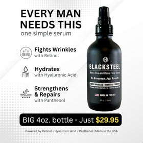 BLACKSTEEL in bathroom routine scene showing streamlined one-step skincare for men