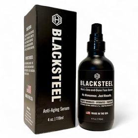 BLACKSTEEL bottle front label showing product name and benefits for simplified skincare
