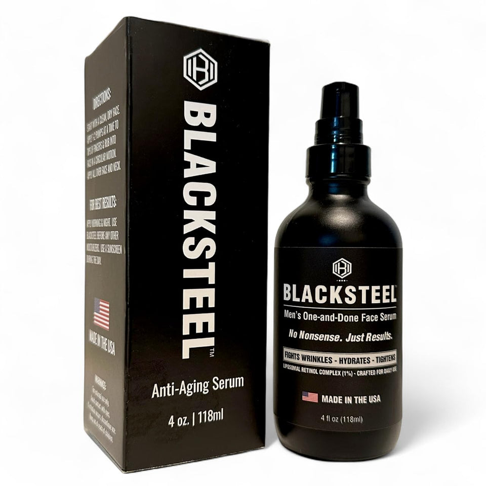 BLACKSTEEL bottle front label showing product name and benefits for simplified skincare