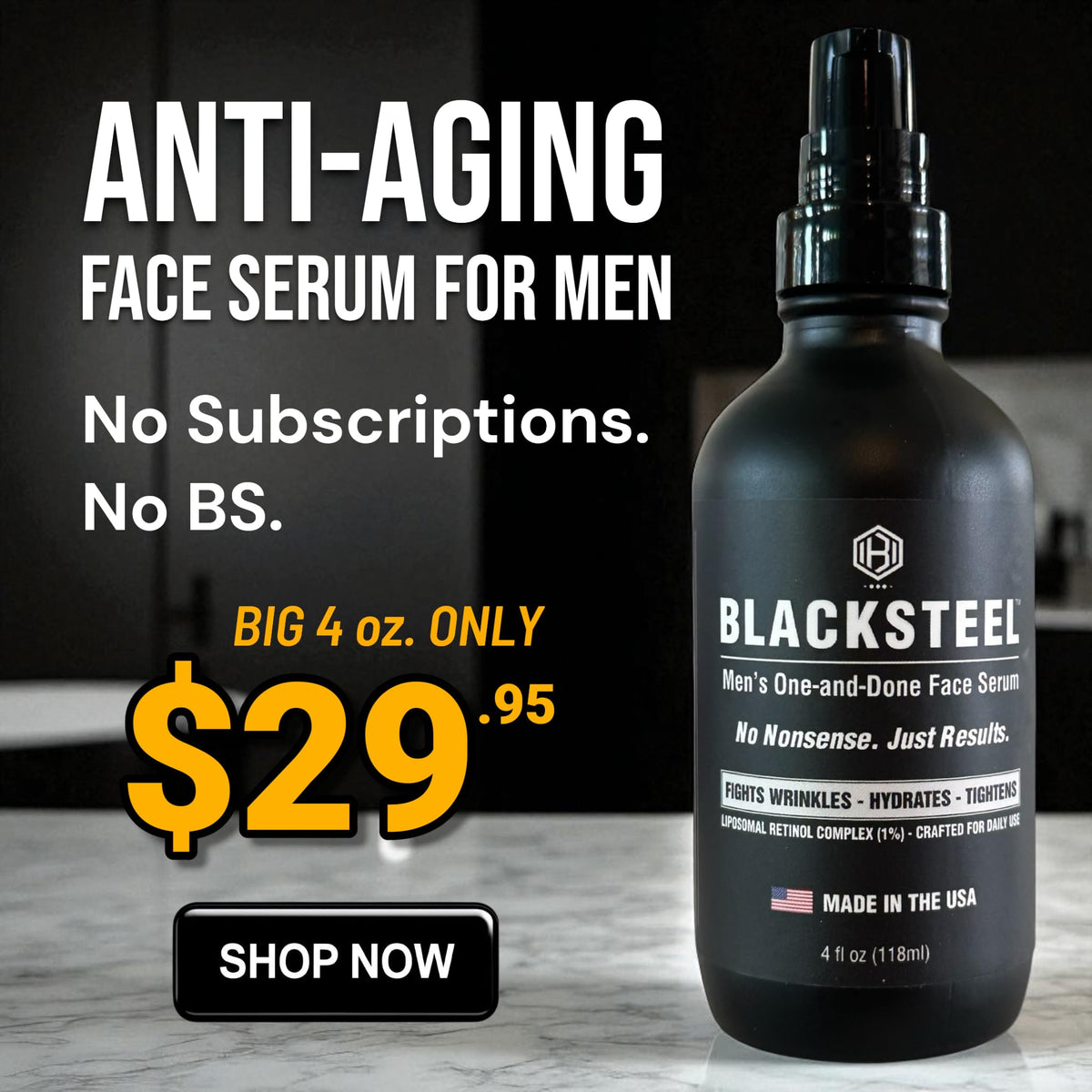 BLACKSTEEL pump dispensing serum illustrating fast-absorbing non-greasy texture