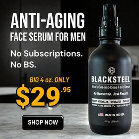 BLACKSTEEL pump dispensing serum illustrating fast-absorbing non-greasy texture