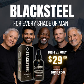 BLACKSTEEL clear serum drops on skin demonstrating hydration and smooth finish