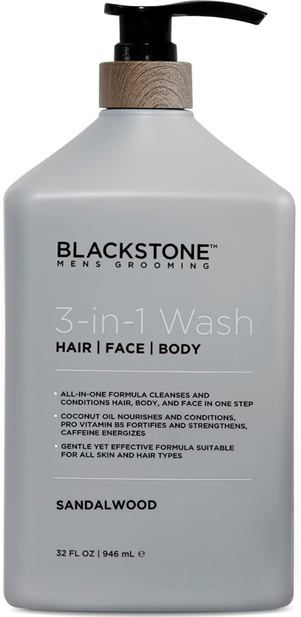 Blackstone front bottle view showing sandalwood label and easy-pour pump